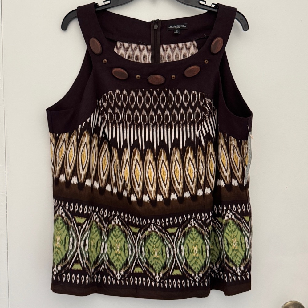 NOTATIONS Sleeveless top with an ikat-inspired print & wooden bead detailing nec
